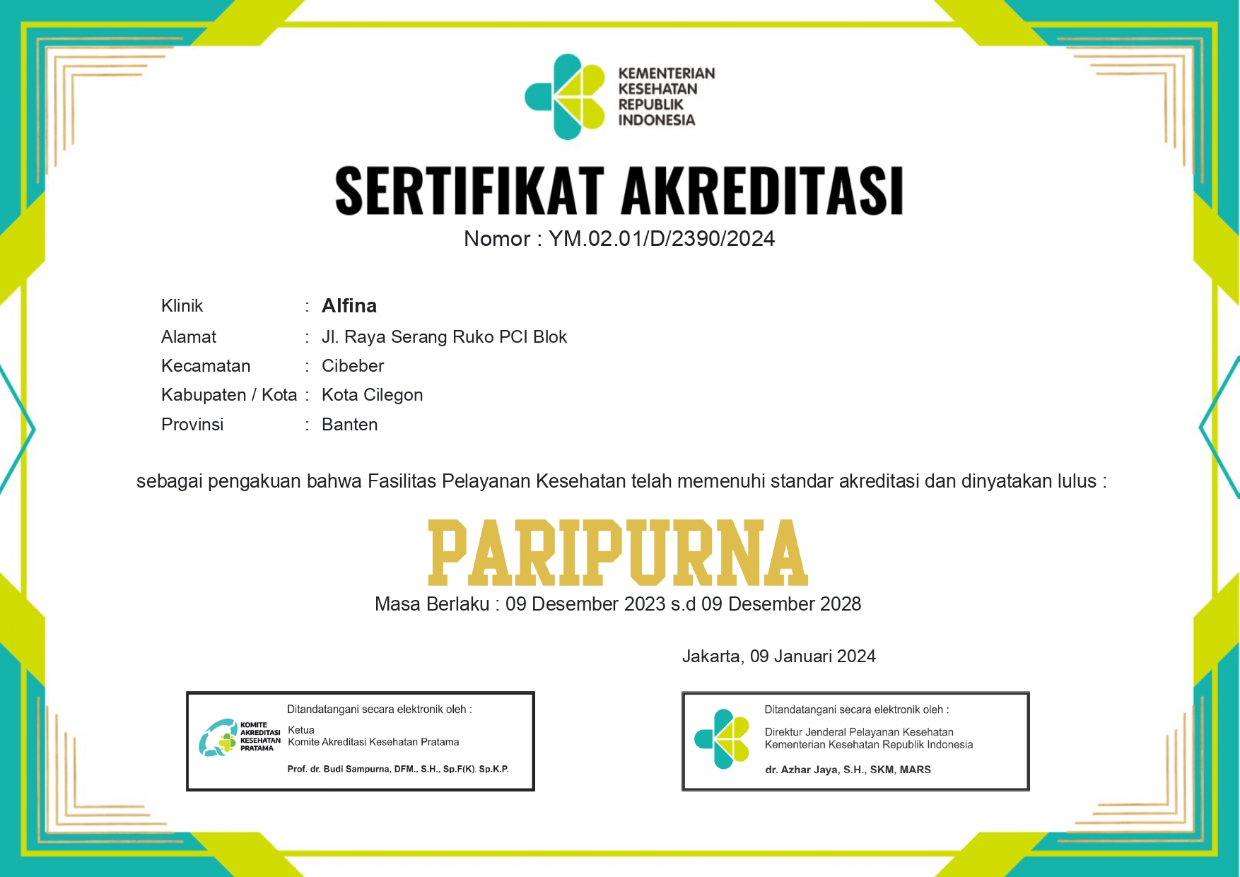 Sertifikat Akreditasi Klinik Utama ALFINA
